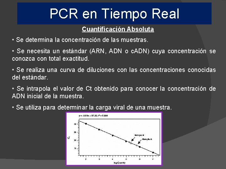 PCR en Tiempo Real Cuantificación Absoluta • Se determina la concentración de las muestras.