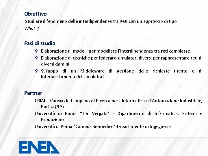 Obiettivo Studiare il fenomeno delle interdipendenze tra Reti con un approccio di tipo What