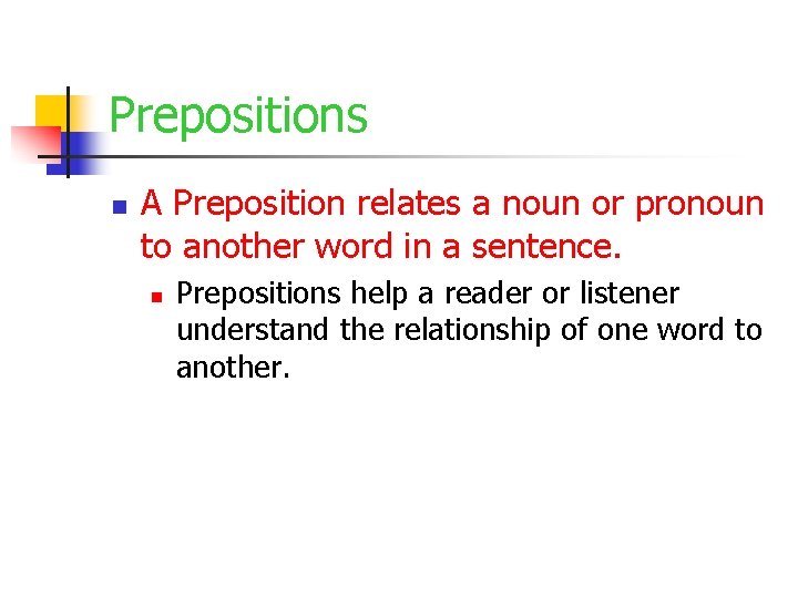 Prepositions n A Preposition relates a noun or pronoun to another word in a