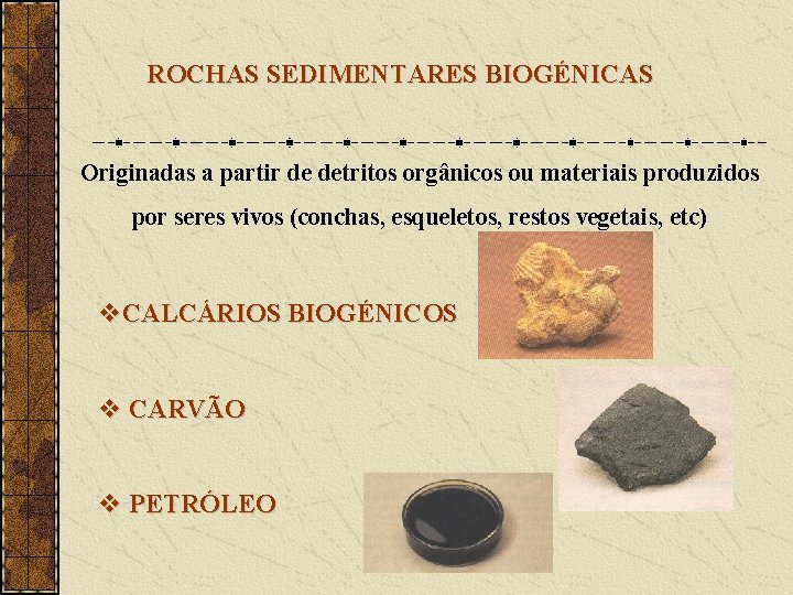 ROCHAS SEDIMENTARES BIOGÉNICAS Originadas a partir de detritos orgânicos ou materiais produzidos por seres