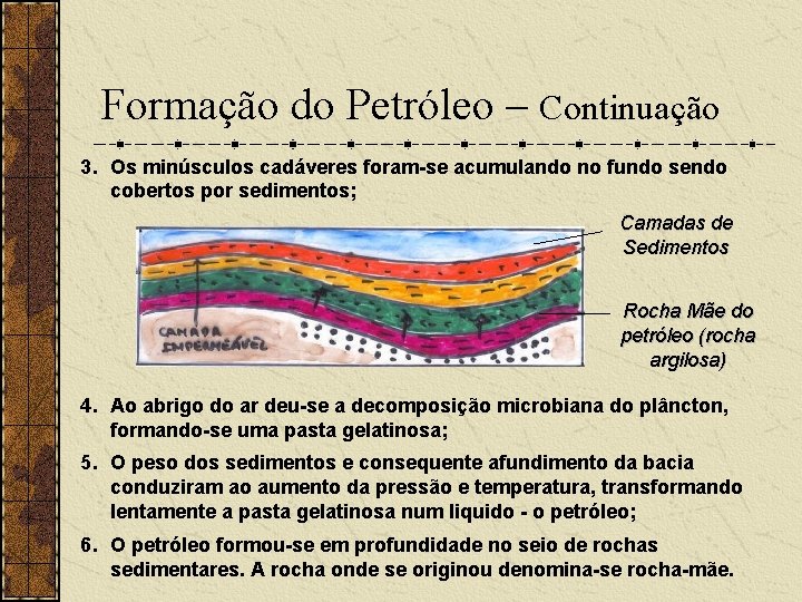 Formação do Petróleo – Continuação 3. Os minúsculos cadáveres foram-se acumulando no fundo sendo