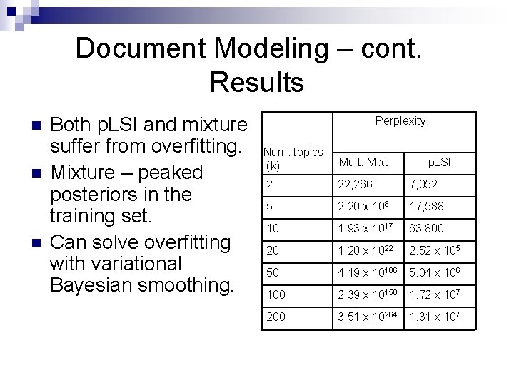 Document Modeling – cont. Results n n n Both p. LSI and mixture suffer