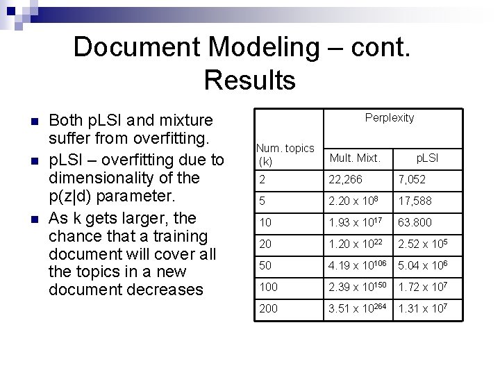 Document Modeling – cont. Results n n n Both p. LSI and mixture suffer