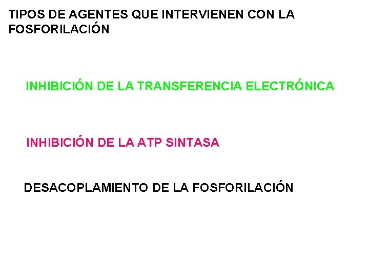 TIPOS DE AGENTES QUE INTERVIENEN CON LA FOSFORILACIÓN INHIBICIÓN DE LA TRANSFERENCIA ELECTRÓNICA INHIBICIÓN