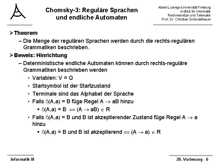 Chomsky-3: Reguläre Sprachen und endliche Automaten Albert-Ludwigs-Universität Freiburg Institut für Informatik Rechnernetze und Telematik