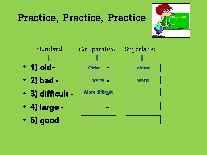 Practice, Practice Standard • • • 1) old 2) bad 3) difficult 4) large