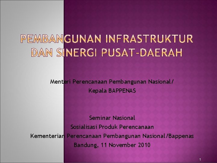 Menteri Perencanaan Pembangunan Nasional/ Kepala BAPPENAS Seminar Nasional Sosialisasi Produk Perencanaan Kementerian Perencanaan Pembangunan