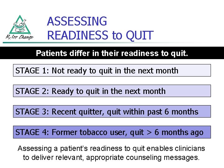 ASSESSING READINESS to QUIT Patients differ in their readiness to quit. STAGE 1: Not