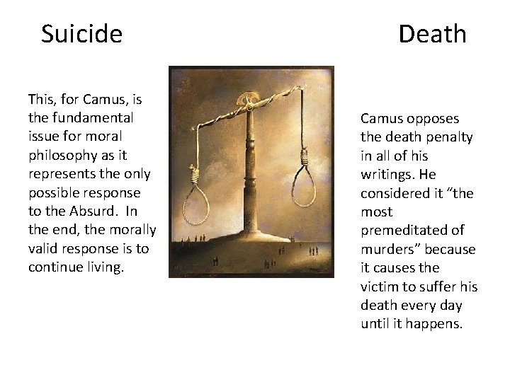 Suicide This, for Camus, is the fundamental issue for moral philosophy as it represents