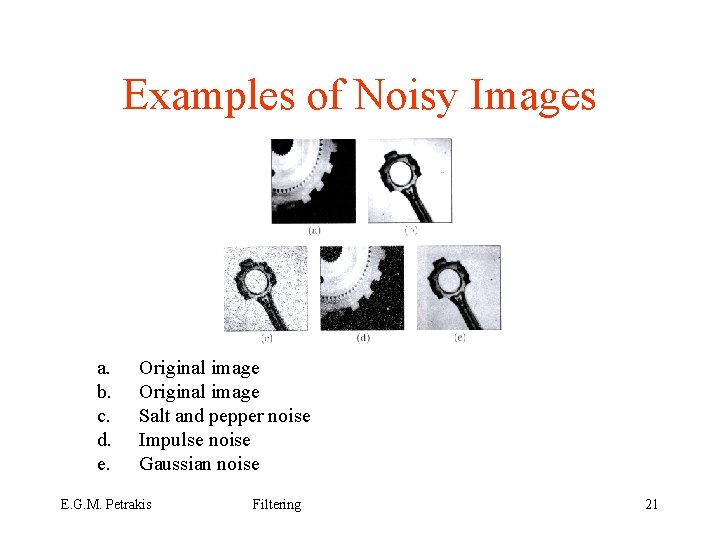 Examples of Noisy Images a. b. c. d. e. Original image Salt and pepper