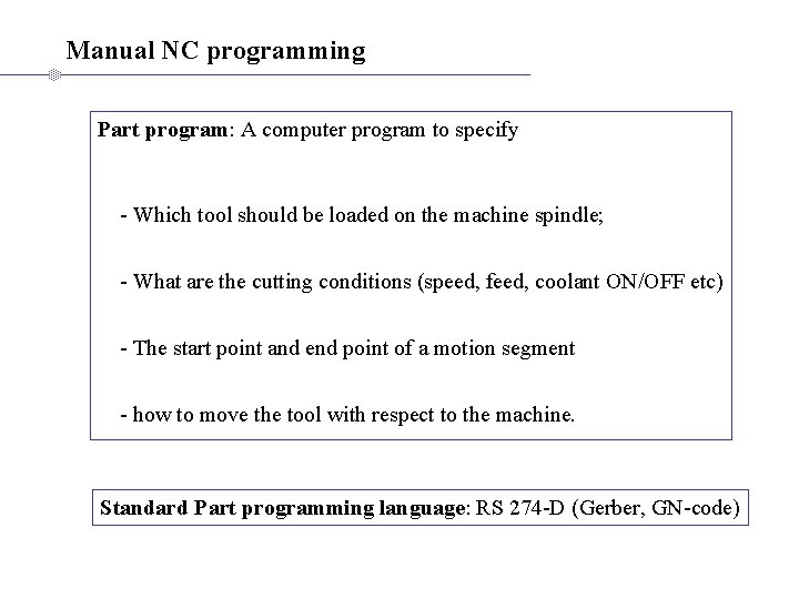 Manual NC programming Part program: A computer program to specify - Which tool should Manual NC programming Part program: A computer program to specify - Which tool should