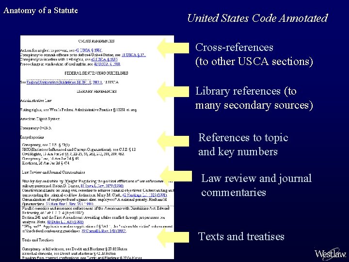 Anatomy of a Statute United States Code Annotated Cross-references (to other USCA sections) Library