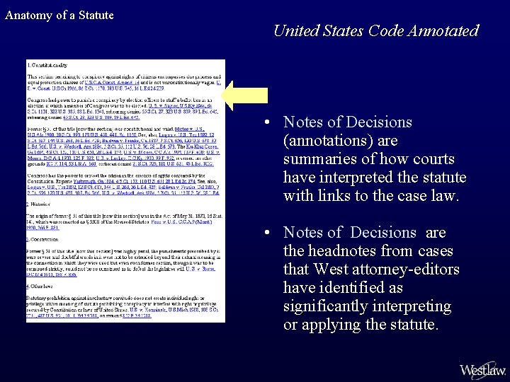 Anatomy of a Statute United States Code Annotated • Notes of Decisions (annotations) are