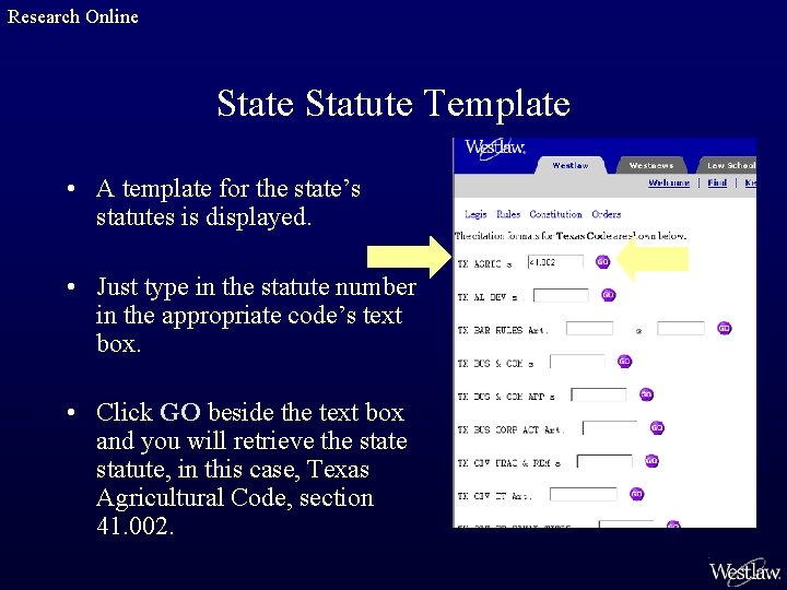 Research Online Statute Template • A template for the state’s statutes is displayed. •