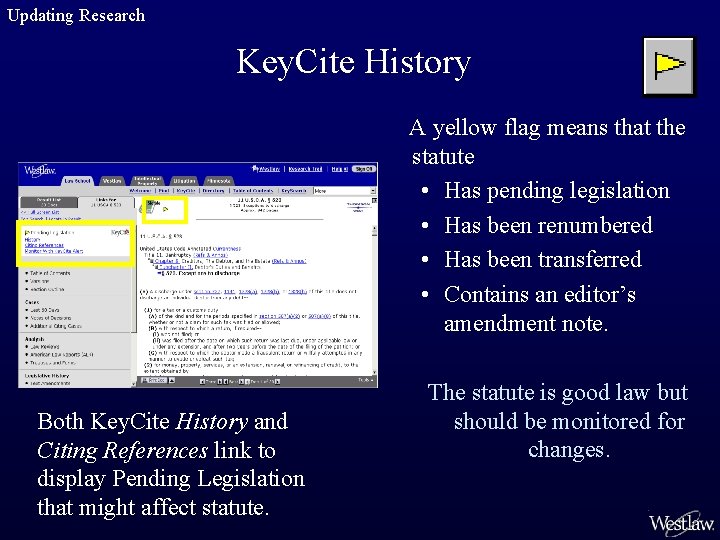 Updating Research Key. Cite History A yellow flag means that the statute • Has