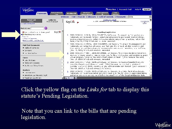 Click the yellow flag on the Links for tab to display this statute’s Pending