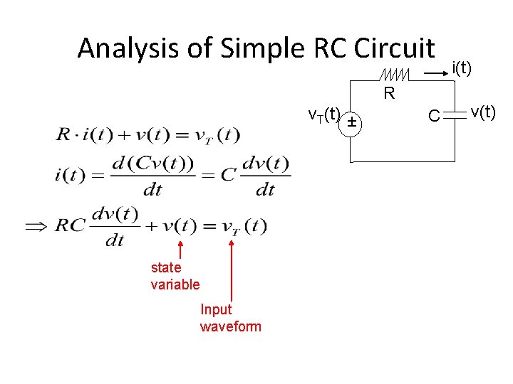 Analysis of Simple RC Circuit R v. T(t) ± state variable Input waveform C