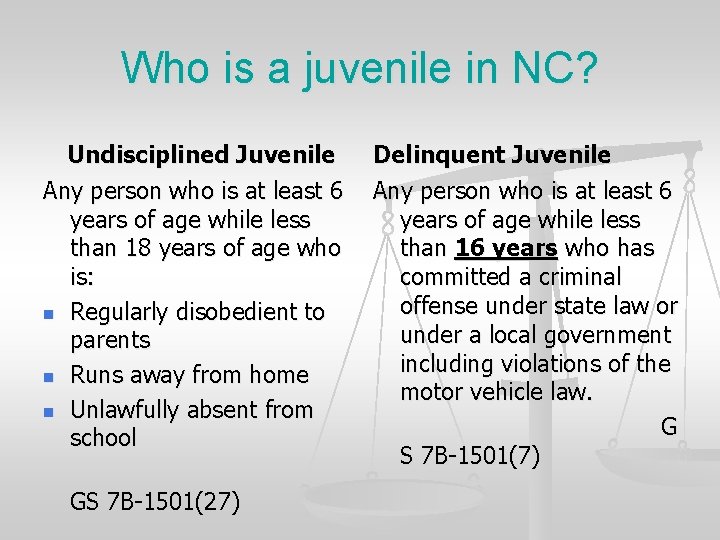 Who is a juvenile in NC? Undisciplined Juvenile Any person who is at least