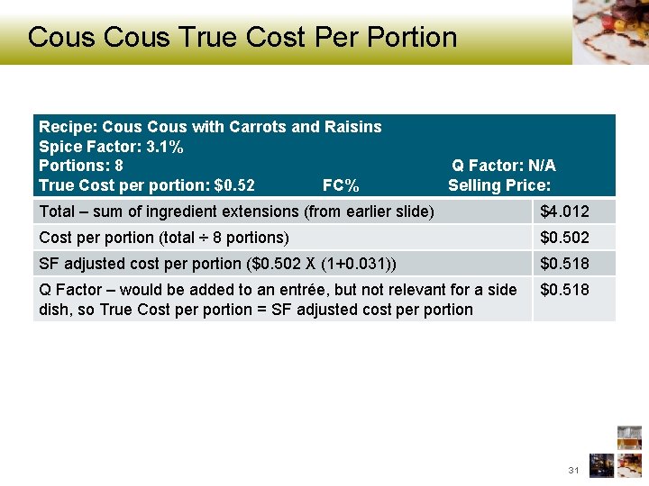 Cous True Cost Per Portion Recipe: Cous with Carrots and Raisins Spice Factor: 3.