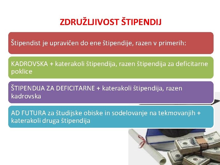 ZDRUŽLJIVOST ŠTIPENDIJ Štipendist je upravičen do ene štipendije, razen v primerih: KADROVSKA + katerakoli