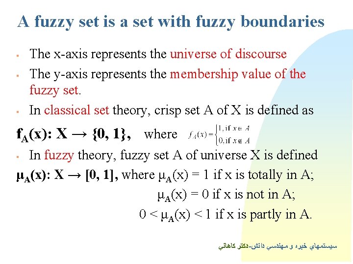 A fuzzy set is a set with fuzzy boundaries § § § The x-axis