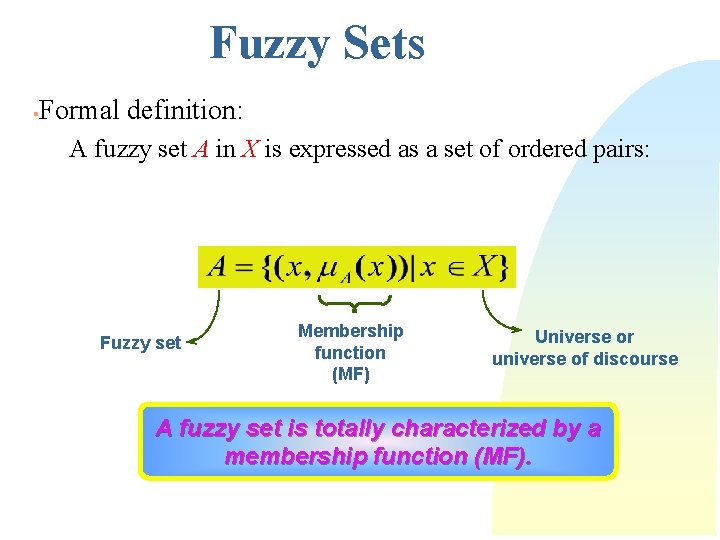 Fuzzy Sets § Formal definition: A fuzzy set A in X is expressed as