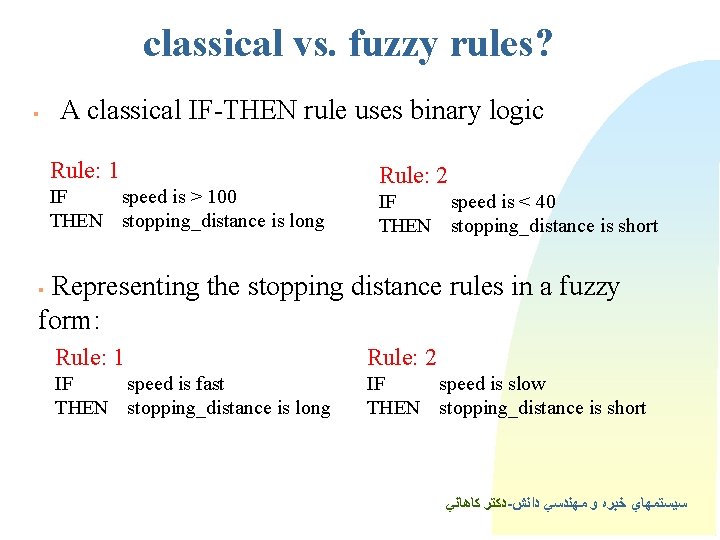 classical vs. fuzzy rules? § A classical IF-THEN rule uses binary logic Rule: 1