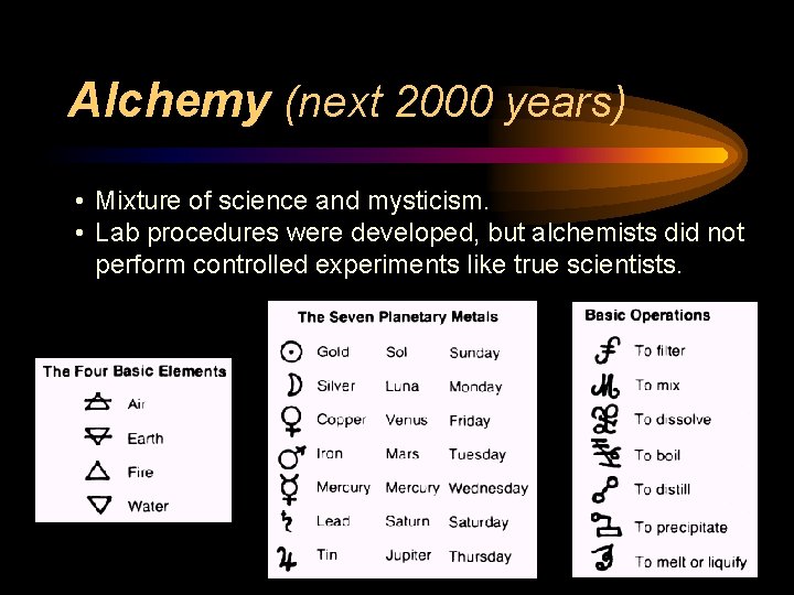 Alchemy (next 2000 years) • Mixture of science and mysticism. • Lab procedures were