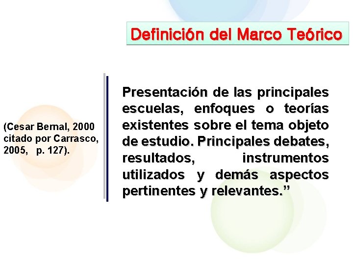 Definición del Marco Teórico (Cesar Bernal, 2000 citado por Carrasco, 2005, p. 127). Presentación