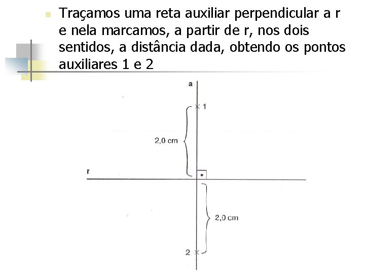n Traçamos uma reta auxiliar perpendicular a r e nela marcamos, a partir de