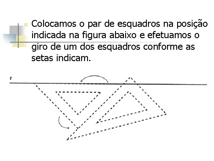 n Colocamos o par de esquadros na posição indicada na figura abaixo e efetuamos