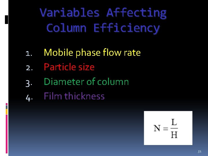 Variables Affecting Column Efficiency 1. 2. 3. 4. Mobile phase flow rate Particle size Variables Affecting Column Efficiency 1. 2. 3. 4. Mobile phase flow rate Particle size