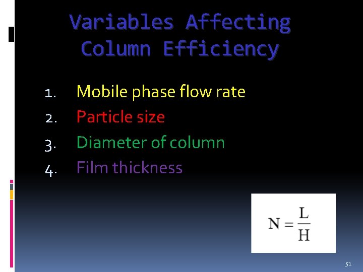 Variables Affecting Column Efficiency 1. 2. 3. 4. Mobile phase flow rate Particle size