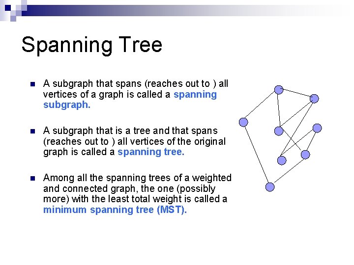 Spanning Tree n A subgraph that spans (reaches out to ) all vertices of Spanning Tree n A subgraph that spans (reaches out to ) all vertices of