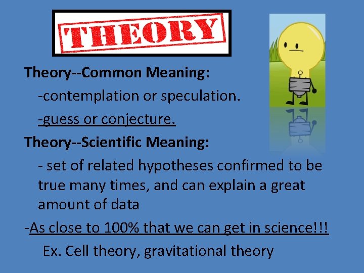 Theory--Common Meaning: -contemplation or speculation. -guess or conjecture. Theory--Scientific Meaning: - set of related