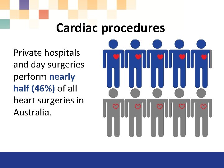 Cardiac procedures Private hospitals and day surgeries perform nearly half (46%) of all heart