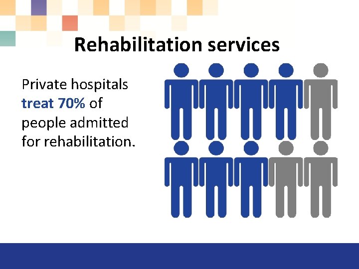 Rehabilitation services Private hospitals treat 70% of people admitted for rehabilitation. 