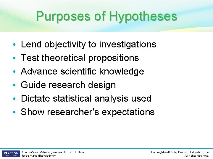 Purposes of Hypotheses • • • Lend objectivity to investigations Test theoretical propositions Advance