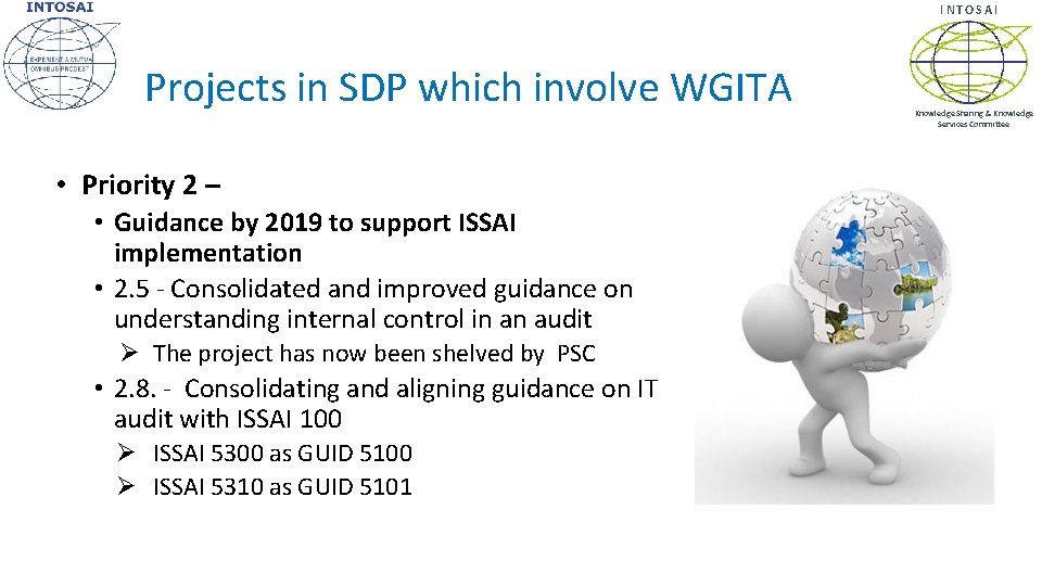 INTOSAI Projects in SDP which involve WGITA • Priority 2 – • Guidance by