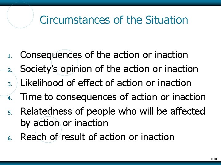Circumstances of the Situation 1. 2. 3. 4. 5. 6. Consequences of the action