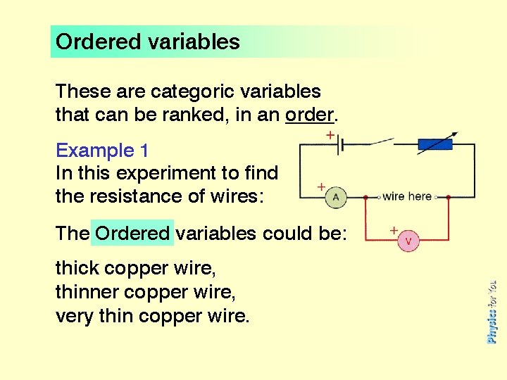 Ordered variables These are categoric variables that can be ranked, in an order. Example