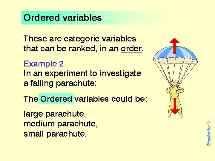 Ordered variables These are categoric variables that can be ranked, in an order. Example