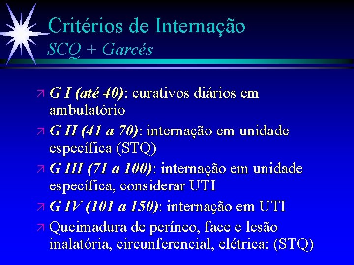 Critérios de Internação SCQ + Garcés ä G I (até 40): curativos diários em