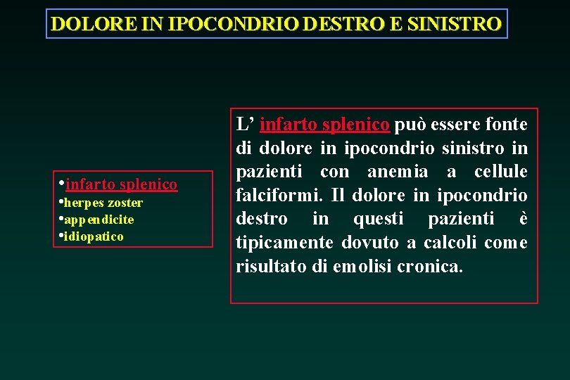 DOLORE IN IPOCONDRIO DESTRO E SINISTRO • infarto splenico • herpes zoster • appendicite