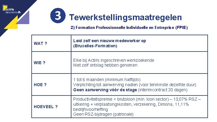 ❸ Tewerkstellingsmaatregelen 10 2) Formation Professionnelle Individuelle en Entreprise (FPIE) WAT ? Leid zelf