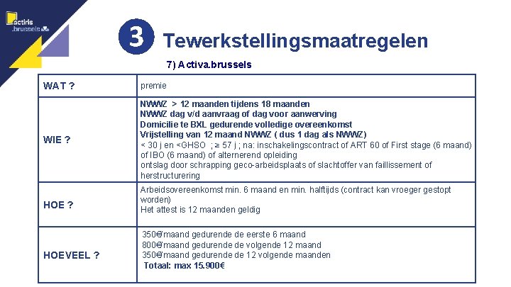 ❸ Tewerkstellingsmaatregelen 13 7) Activa. brussels WAT ? premie WIE ? NWWZ > 12