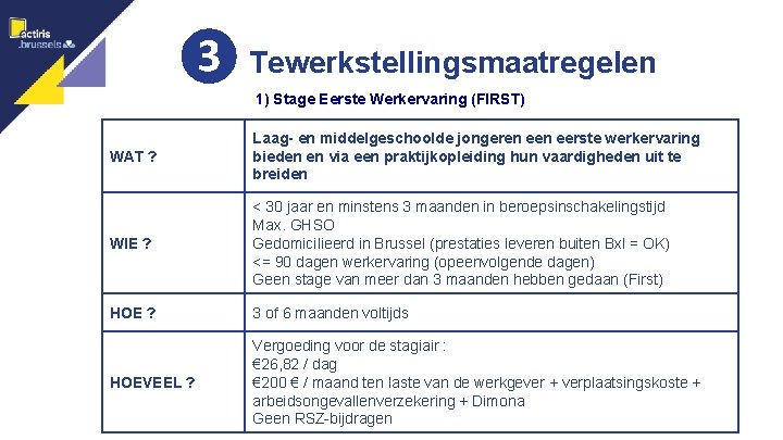 ❸ Tewerkstellingsmaatregelen 9 1) Stage Eerste Werkervaring (FIRST) WAT ? Laag- en middelgeschoolde jongeren