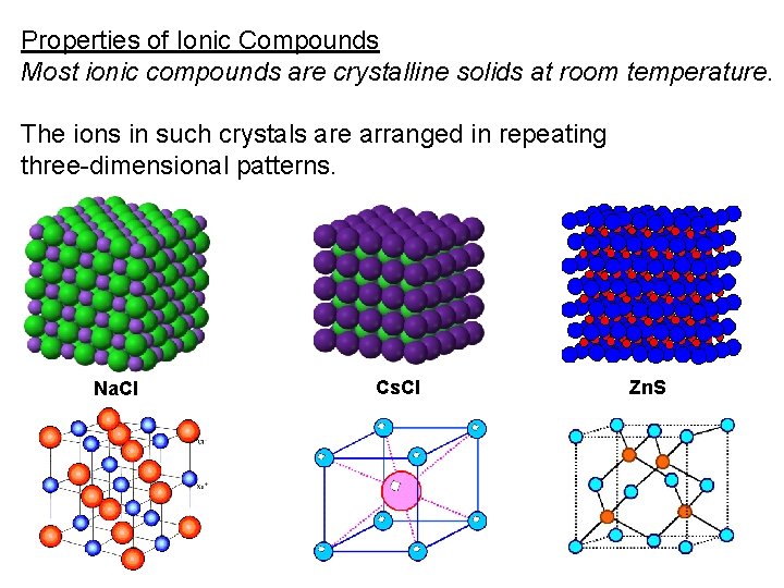 Properties of Ionic Compounds Most ionic compounds are crystalline solids at room temperature. The