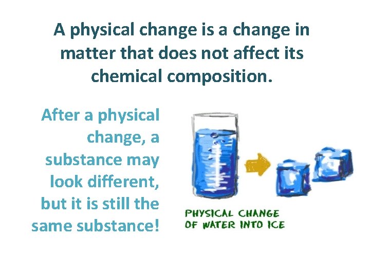 A physical change is a change in matter that does not affect its chemical
