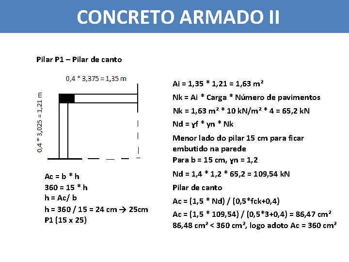 CONCRETO ARMADO II Pilar P 1 – Pilar de canto Ai = 1, 35